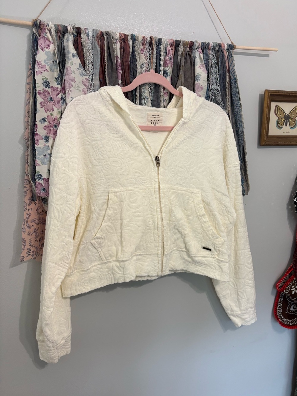 Billabong Cream Terrycloth Zip Up Jacket with Hood
